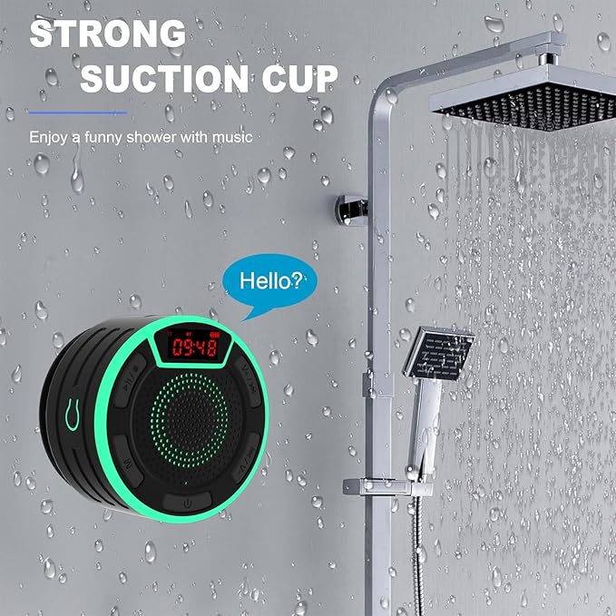 Bluetooth Speakers, IPX7 Waterproof Shower Speaker, Portable Speaker with LED Display, FM Radio, Suction Cup, Light Show, Built-in Mic, Best Gifts for Pool Beach Home Party Travel Outdoors