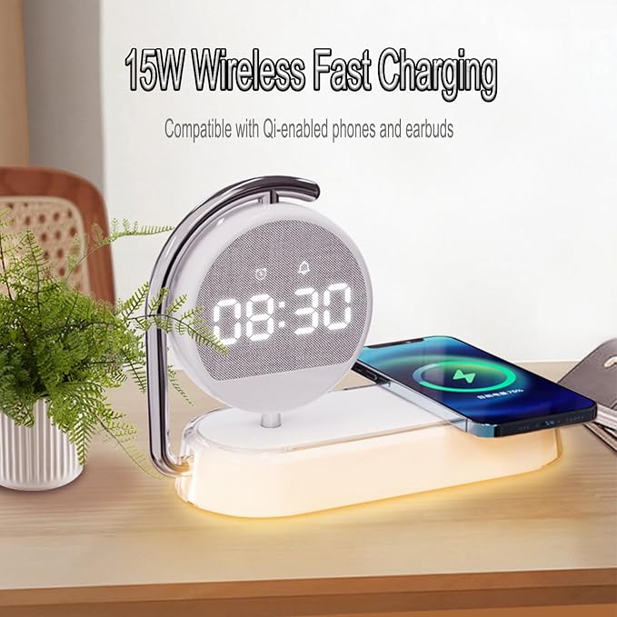 3-in-1 Wireless Charger with Digital Clock Display, 15W Fast Charging Station for Phone and Earbuds, Multi-Protection Charging Stand with 3-Level Night Light and Alarm Function, W001 White.