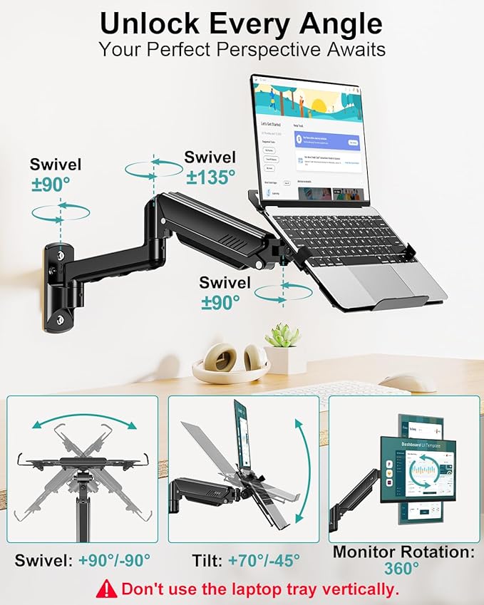MOUNT PRO Laptop Wall Mount, 2-in-1 Monitor Wall Mount with Vented Tray for 11-17" Notebook/13-32 Computer Screen, Full Motion Adjustable Laptop Holder Stand, Gas Spring Laptop Arm Holds 4.4-22 lbs