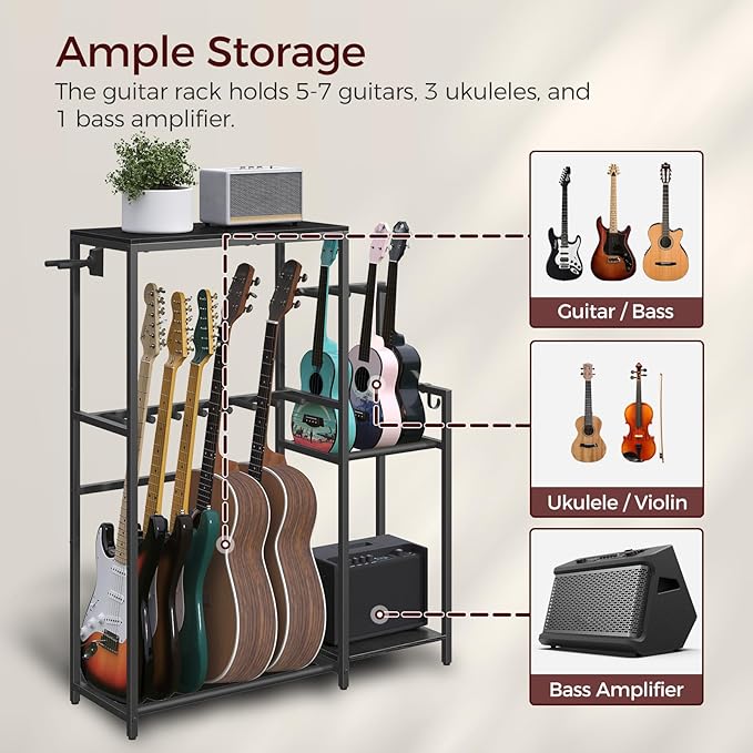 MAHANCRIS Guitar Stand, Multi-Guitar Rack, for Acoustic, Electric Guitar, Bass, Ukulele, Banjo, for 7 Guitars, Guitar AMP Stand, Record Rack, with Guitar Accessory Holder, EVA Cover, for Home Studio, Black GSHB8701