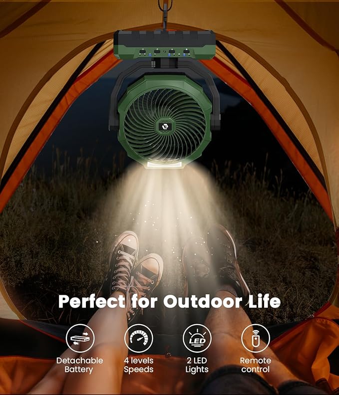 Rechargeable Fan with Detachable Battery - 48000mAh(127H Working) Camping Fan Portable, Battery Powered Fans with Hook, Timers, Ventilador Recargable for Tent, Travel, Gifts for Men Dad, Green