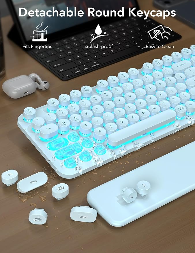Wireless Keyboard and Mouse Backlit - Typewriter Keyboard with Detachable Wrist Rest, Light Up Letters, 2.4G Rechargeable Combo for Mac, Windows, PC, Laptop, Trueque (Blue)