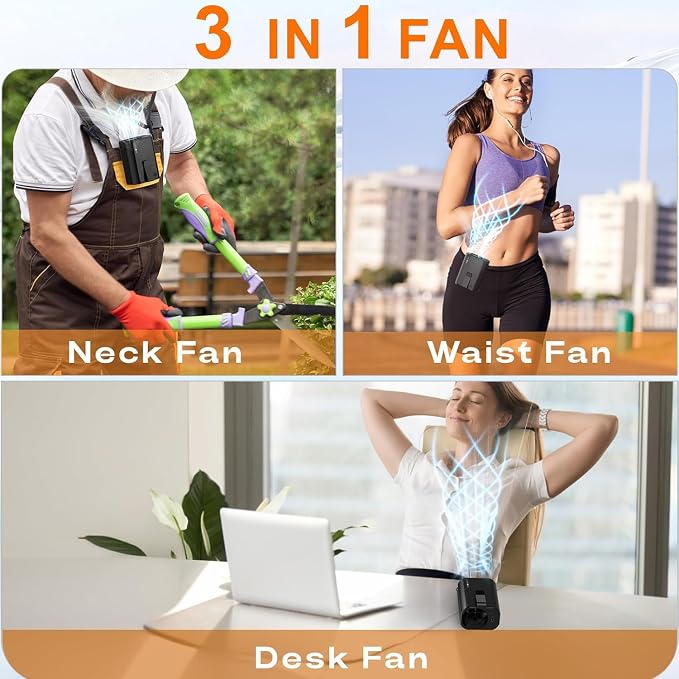 Awonoso AI Portable Personal Waist Neck Rechargeable Fan, 3-Speed 10000RPM Brushless Motor Desktop Fan Hands-Free Neck Hanging Fans, 20-Hour Runtime, Wearable Portable Fans (Orange)