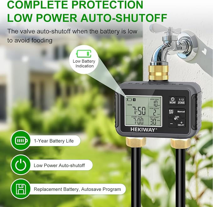 Dual Outlet Water Timer for Garden Hose with 2 Brass Connectors, Programmable Irrigation Controller with Rain Delay & Child Lock for Lawn, Yard, Drip Irrigation, Greenhouse