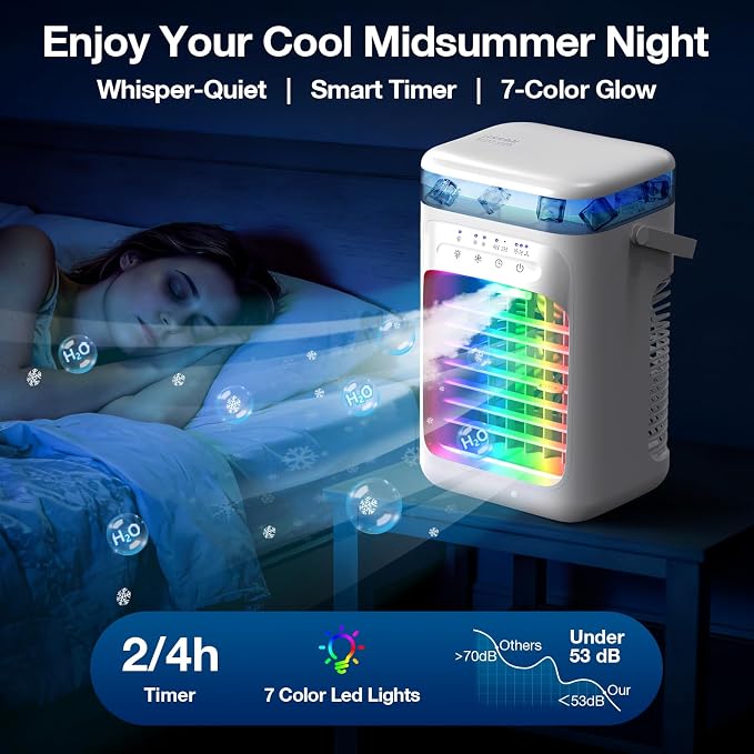 Portable Air Conditioners,Portable AC Unit with Timer,3 Speeds 2 Mist Modes,1000ml,7-Color Light,USB Mini Air Conditioner Evaporative Air Cooler Cooling Fan for Bedroom Kitchen RV Camping Car