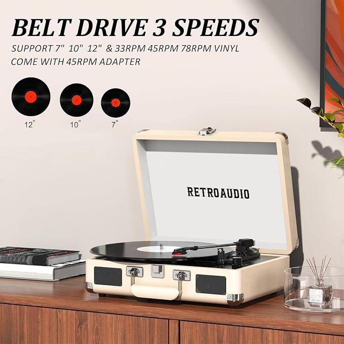 Vinyl Record Player with Built-in Speakers 3-Speed Vintage Record Player Bluetooth Portable Suitcase Turntable Belt-Driven LP Player Support RCA Output and Headphone Output (Creamy White)