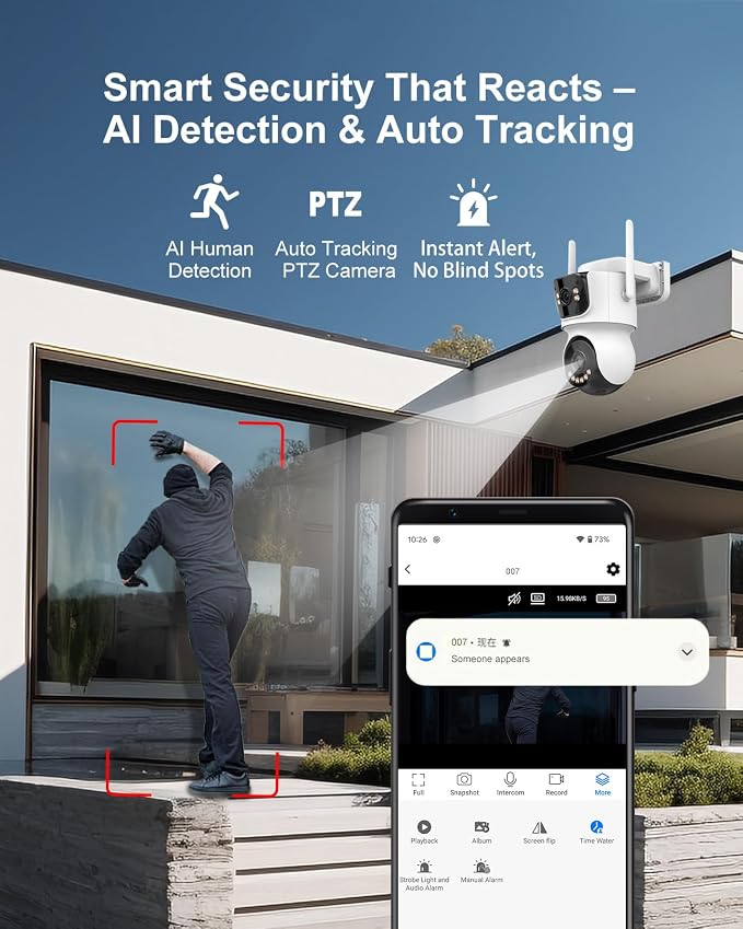 AOV 8MP Dual-Lens Solar Security Camera Wireless Outdoor，24/7 Recording, 360° PTZ，Human Detection &Auto Tracking, 9W Solar Panel & 10000mAh Battery, WiFi 6, 2-Way Audio, Night Vision for Home Security