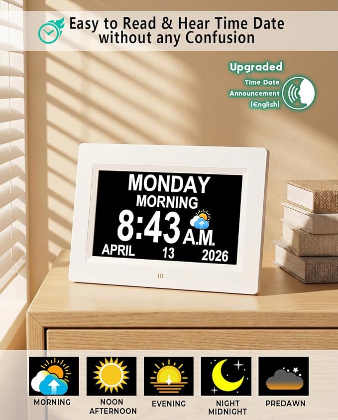 【Upgraded】27 Alarms Digital Talking Clock with Day and Date, Custom Reminders, 1280*800p HD Dsiplay, 10-Levels Dimmer, Auto DST, Sleep Trainer for Elderly Dementia, Voice-Talking with Remote