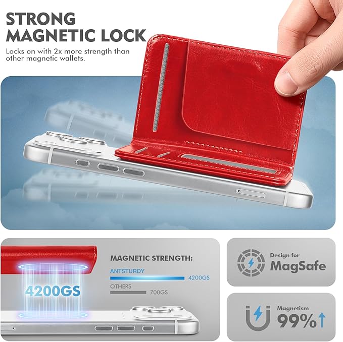 Antsturdy for Magsafe Wallet Stand with Holder,PU Leather RFID Blocking Card Holder,5 Card Slots,Strong Magnet Minimalist Flip Folio Kickstand for iPhone 17/16/15/14/13/12/Pro/Max/Plus/Air,Red