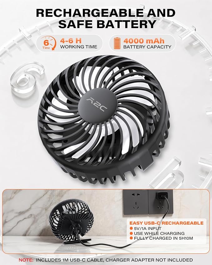 A2C 4.7-Inch Big Cooling Fan for Peloton Bike Bike+ or Tread, 16.5" Long Bendable Arm, Rechargeable 4000mAh Battery, 360° Rotation, 3 Speeds, fits Treadmill Exercise Workout Stationary Cycling Bikes
