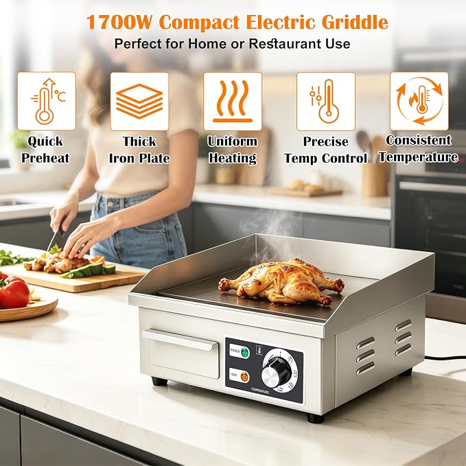 Electric Griddle 15.7"×14.2" 1700W Flat Top Grill Stainless Steel Teppanyaki Grill Countertop Flat Top BBQ Nonstick Plate Adjustable Temperature Control for Home or Restaurant Use