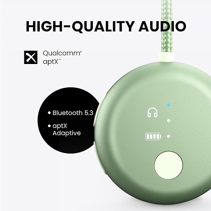 Avantree SoundJet R1 – 25Hr Airplane Bluetooth Adapter for All AirPods | Qualcomm Chipset & aptX Adaptive, Wireless Audio Transmitter for Flight Travel, Works with Bose & Other Headphones