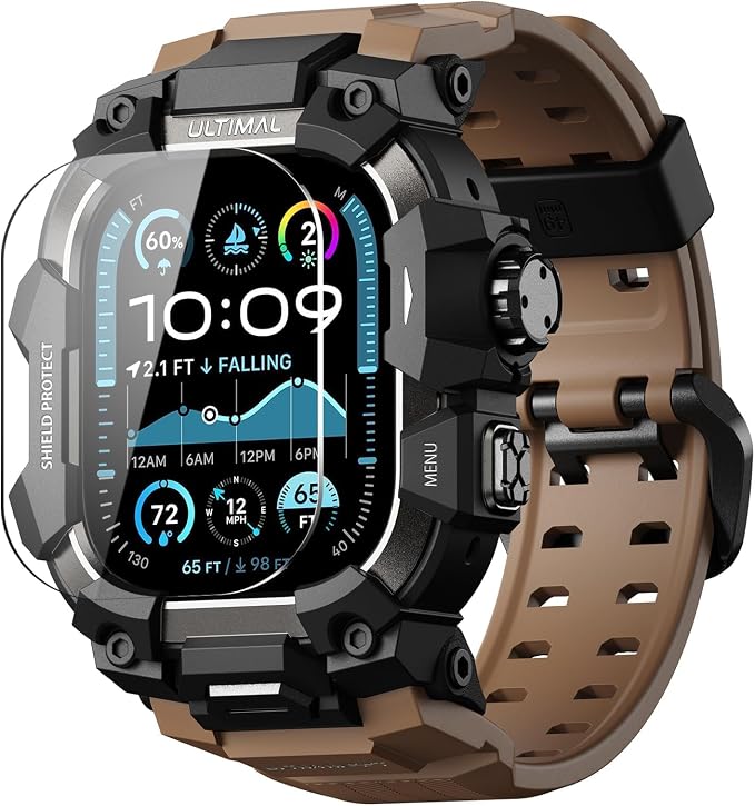 ULTIMAL Rugged Case with Band for Apple Watch 49mm,Compatible with Apple Watch Ultra 3/2/1, Military Grade Shockproof Bumper Cover for iWatch Tactical Band Men (Coffee Brown, 49mm)