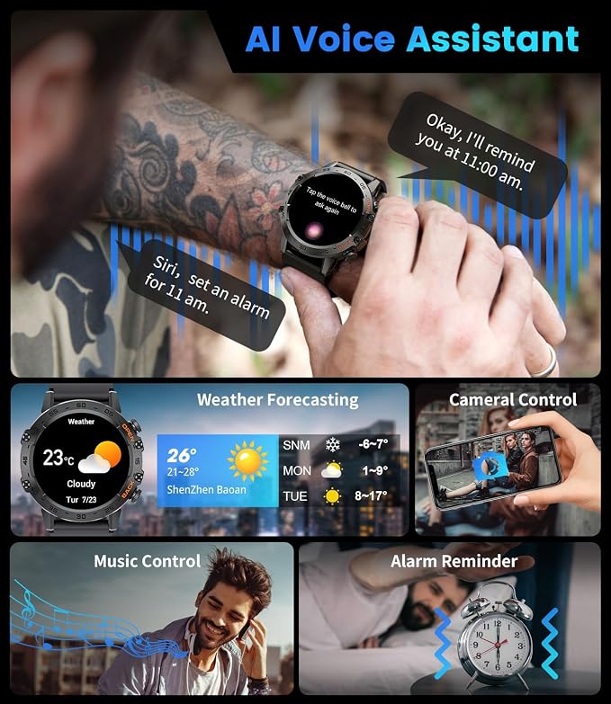 SUNKTA Military Men's Smart Watch (Answer/Dial Calls),100 Sports Modes, 5ATM Waterproof Fitness Watch with Heart Rate/SpO2/Blood Pressure for Android and iOS,1.39''HD Full Screen Smartwatch,Leather
