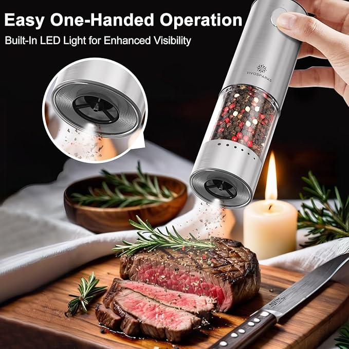 Vivosparks Electric Salt and Pepper Grinder Set - Upgraded 2-Speed Rechargeable Mills with 6-Level External Adjustable Coarseness, Stainless Steel, One-Hand Use, Storage Base