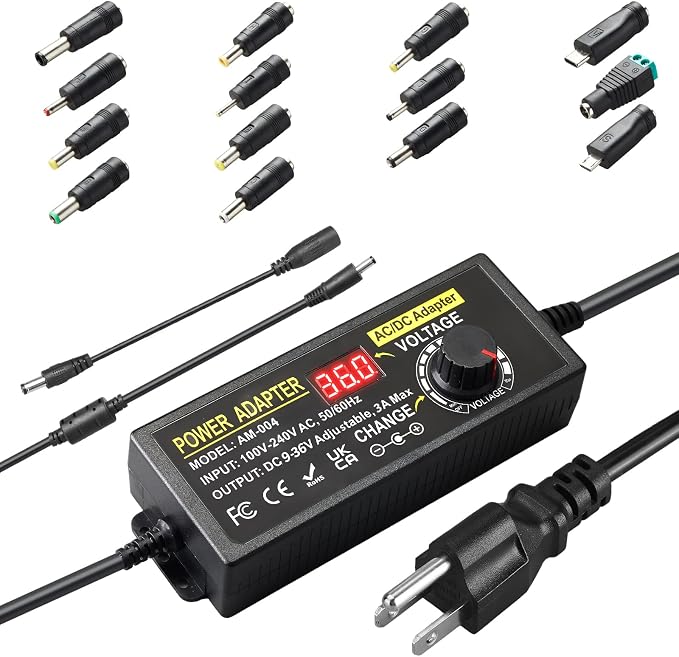108W Universal Power Supply Adjustable 9V~36V DC Switching Adapter 100V-240V AC to DC Converter Transformer with LED Voltage Display,14 Tips & Polarity Converter,9V12V15V18V20V24V...36V Power Supply