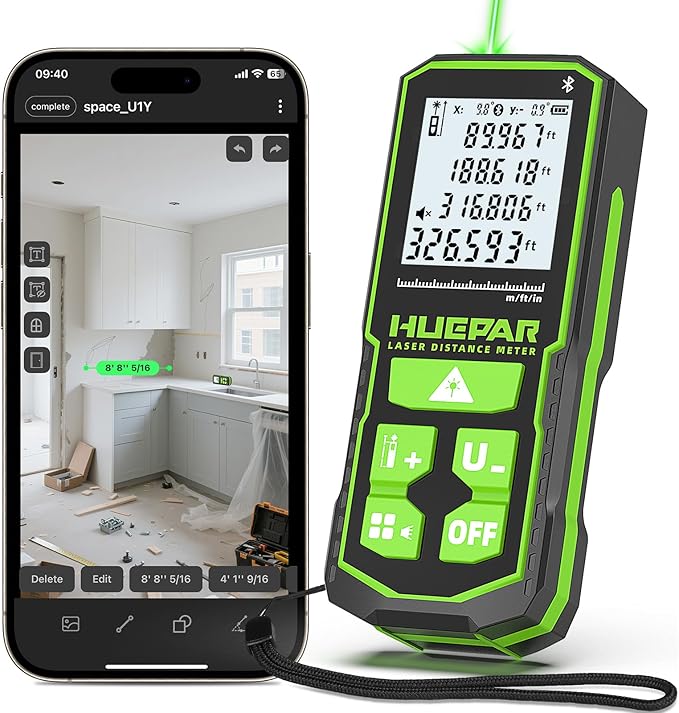 Huepar 330Ft Green Laser Measuring Tool with APP Control, 5 Years Warranty, Rechargeable Bluetooth Distance Meter, ±1/16" High Accuracy, Angle Sensor, Multiple Modes, IP54, for Home & Construction