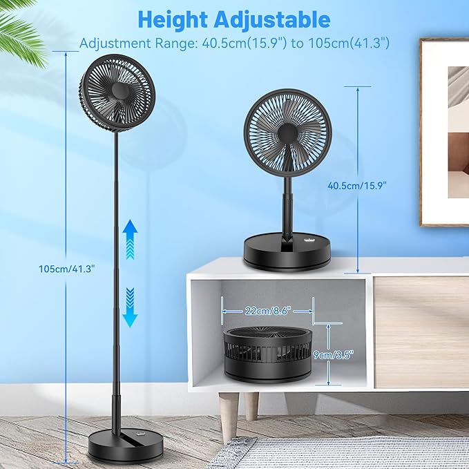 LIPETY Portable Foldable Oscillating Fan - 8.6" 8000mah Rechargeable Battery Operated USB C Small Fan with Remote Quiet Table Desk Fan Folding Standing Pedestal Fan for Rome Office Camping Travel