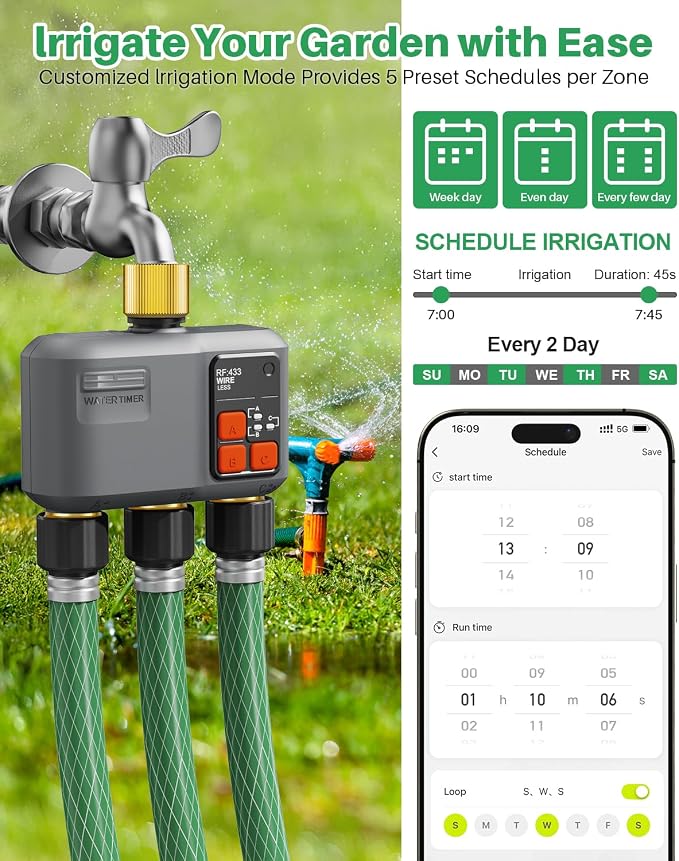 WiFi Sprinkler Timer 3 Zone with 984 FT Range, 3 Outlet Smart Water Timer for Garden Hose with Strong Wall Penetration/Rain Delay/Alexa & Google Voice/App Control, Water Hose Timers for Garden & Lawn