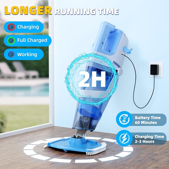 Cordless Pool Vacuum Above & Inground Pools, Powerful 1590 GPH Suction,Handheld Telescopic Pole up to 85.45", 1H Runtime, 2L Debris Bin, Rechargeable Pool Cleaner for Spas & Hot Tubs (Blue&Grey)