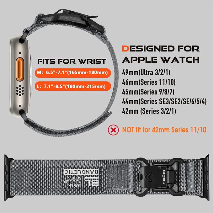 Bandletic Compatible with Apple Watch Ultra 2 Band for Men, Soft Nylon Sport Loop with Magnetic Fidlock V-Buckle for iWatch 49mm(Ultra 3/2/1),46mm(11/10),45mm(9/8/7),44mm(SE3/SE2/SE/6/5/4),42mm(3/2/1)
