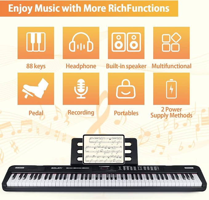 88 Key Piano Keyboard, Semi Weighted Electronic Digital Piano with Music Stand, Power Supply, Sustain Pedal, Bluetooth, Stand, MIDI, for Beginner Professional at Home, Stage