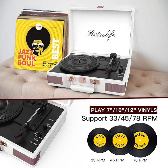 Record Player 3 Speed Bluetooth Portable Suitcase Vinyl Player with Built-in Speakers Turntable Enhanced Audio Sound PU Leather Vintage Turntable