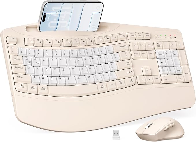 Wireless Keyboard and Mouse Combo, 2.4G Full Size Wave Keys Ergonomic Keyboard with Wrist Rest, Phone Holder, 3-Level DPI Wireless Silent Mouse with 6-Buttons, for Windows (Milk Tea-B)