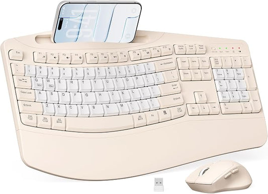 Wireless Keyboard and Mouse Combo, 2.4G Full Size Wave Keys Ergonomic Keyboard with Wrist Rest, Phone Holder, 3-Level DPI Wireless Silent Mouse with 6-Buttons, for Windows (Milk Tea-B)