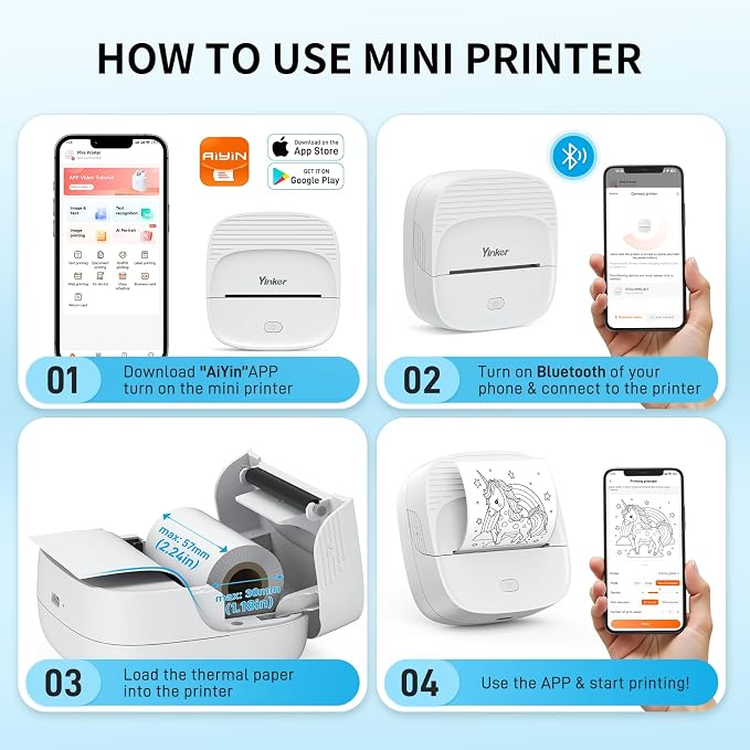 Mini Thermal Sticker & Label Maker | 7 Rolls Paper (3 Sticker + 3 Label) & 6 Colored Pencils | Printpod Inkless Bluetooth Printer, Smart AI APP, iOS Android Compatible, Photo/Journal/DIY/Study/Gift