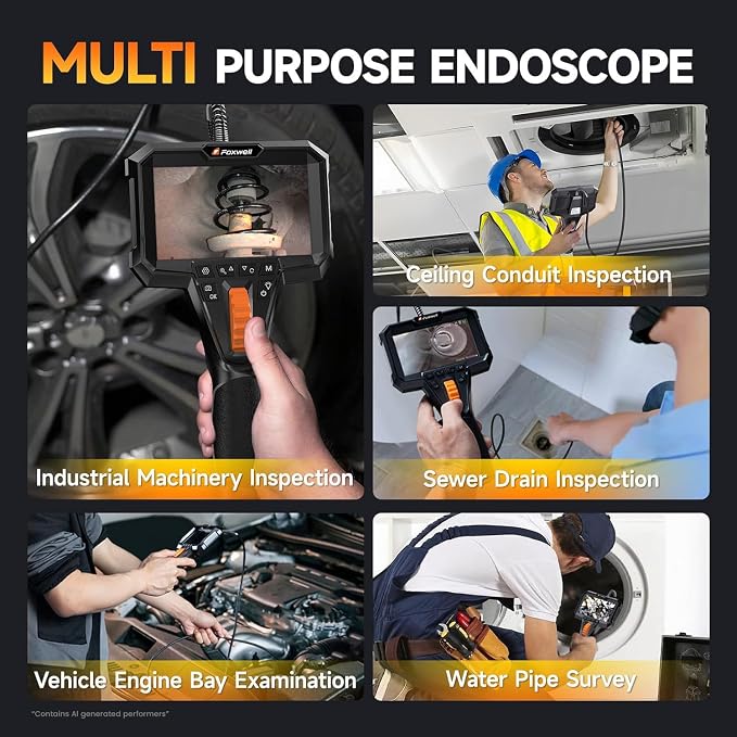 FOXWELL Dual Lens Articulating Borescope, 0.25in Slim 220° Two-Way Endoscope Camera with LED Light, IPS HD Screen, IP67 Waterproof Snake Camera for Automotive, Pipe, Wall & Engine Inspection – 5.3FT