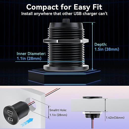 RV USB Outlet 72W All-Aluminum 12V/24V 3 Charging Ports, GIBBAB 36W PD3.0 Type-C+2 18W QC3.0 Fast Charging Socket, Waterproof Cover Recessed Mount Car Charger Cigarette Lighter Replacement for Camper