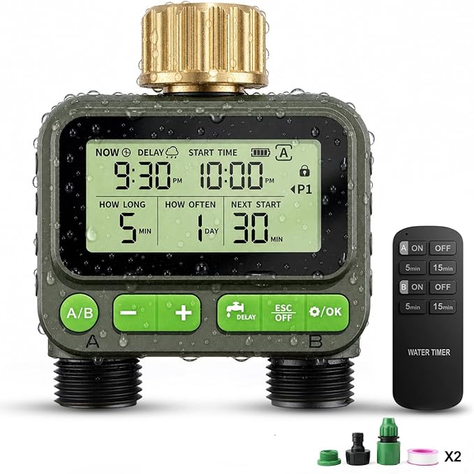 Remote Control Sprinkler Timer for Outdoor Hose Faucet 2 Zone, Smart Water Timer for Garden Hose, Sprinkler Controller with Rain Delay/Manual Watering/Automatic Irrigation for Yard Lawn (Brass Inlet)