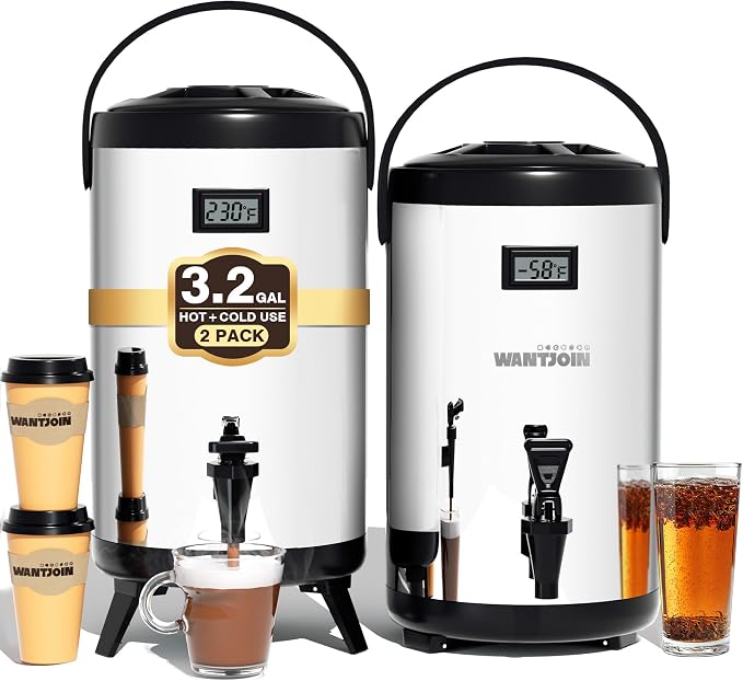 WantJoin Insulated Beverage Dispenser- 2-pack Thermal Hot and Cold Beverage Dispenser Stainless Steel 12L/3.2Gal Hot Drink Dispenser with Spigot for Hot Tea&Coffee, Cold Milk, Juice, Silver