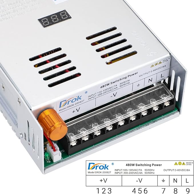 DROK 60V Power Supply, AC 110V 220V to DC 0-60V 8A 480W Buck Converter, Adjustable Variable LED Adapter Regulated 5V 12V 24V 30V 36V 48V 60Volt Transformer 3A 5A 8Amp Charger for Lab CCTV
