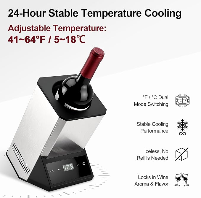 Electric Wine Chiller Single Bottle, Adjustable 41-64°F Fits 750ml Bottles | Iceless & portable design, supports 24-hour use. Suitable for home bar, gatherings, countertop and holiday gift