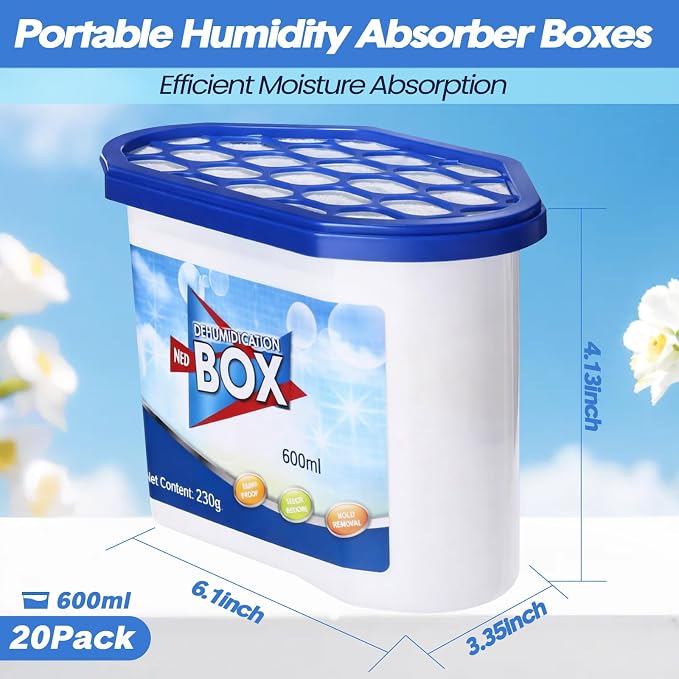 LemonRoad 20 Pack Moisture Absorbers 20 oz 600 ml Calcium Chloride Dehumidifier Humidity Absorber Buckets for Boats Closet Bathroom Rv Car Kitchen Basement Odor Remover, 4.1 x 6.1 x 3.3 Inch