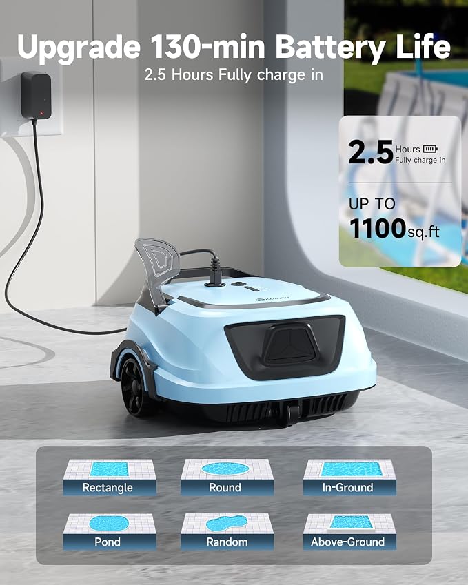 2026 Cordless Robotic Pool Vacuum for Above Ground Pools, Automatic Pool Cleaner Featuring Powerful Suction, LED Status Light & Dual‑Layer Filters, 2.5‑Hour Rapid Charging, Self‑Parking，Blue