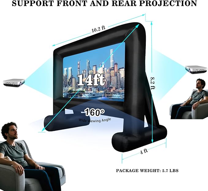 14 FT Inflatable Projector Movie Screen for Outside, Blow up Projector Screen Front/Rear Projection for Backyard Movie Night Outdoor Party