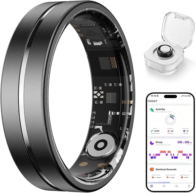 Smart Ring for Women Men, AI Health Fitness Tracker with Sleep, Heart Rate, HRV, Stress, Gesture Photo, IP68 Waterproof, No Subscription, iOS Android (Matte Black,11)