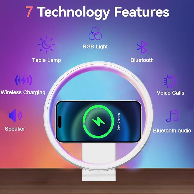 5-in-1 Color Changing Table Lamp, Portable Bluetooth Speaker,15W Wireless Charging Station, Dimmable Night Light, Phone Holder, Christmas Gift for Women, Men, Teen Boy Girl Trendy Stuff