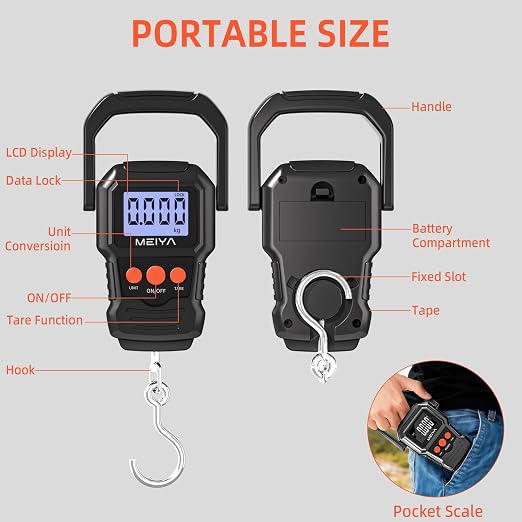 MEIYA Digital Fish Scale with Backlit LCD Display Up to 110lb/50kg for Anglers, Accurate Luggage Scale for Travel, Outdoor, Home Use, Includes 2 AAA Batteries and Hook, Essential Fishing Gear
