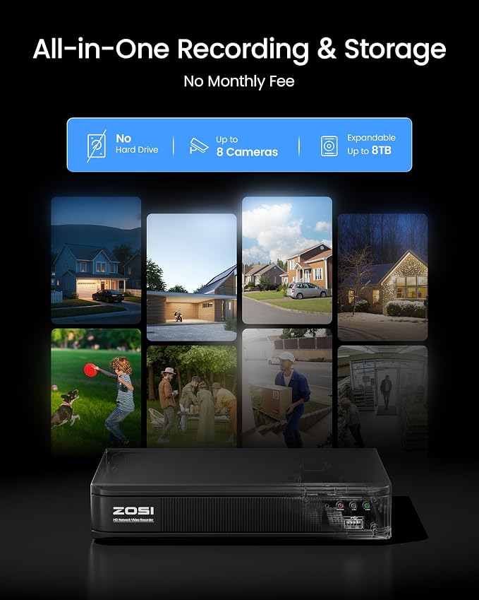 ZOSI 1080p H.265+ Security Camera System for Home, 5MP Lite 8 Channel CCTV DVR with AI Human Vehicle Detect, 8 x 1080p Weatherproof Bullet Cameras Outdoor Indoor, 120ft Night Vision (No HDD Included)