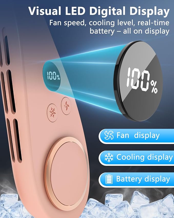 AJGJF Portable Neck Fan,1S Cool Down,5500mAh Rechargeable, 24H Max Runtime, Ultra Quiet, 5 Speeds, 3 Temp Modes, USB-C Fast Charging, LED Battery & Speed Display, Neck Coolers for Hot Weather Pink