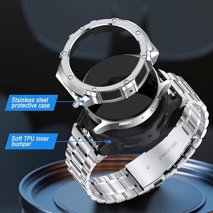BAITEYOU Stainless Steel Band with Case Compatible with Samsung Galaxy Watch 5 pro 45mm Bands, Protective Metal Case Cover and Band for Galaxy Watch 5 pro 45mm for Men (Silver)