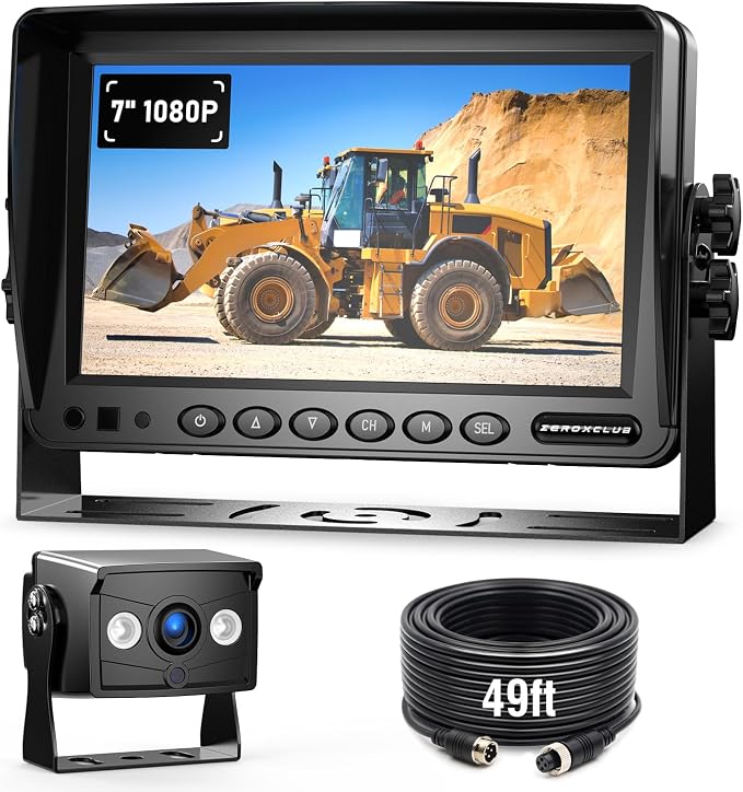ZEROXCLUB 7" 1080P Wired Rear View Backup Camera System, Dual Split Screen IP69K Waterproof Reverse Camera, Vibration-Proof 10G for Tractor, Truck, Trailer, Combine, Heavy Equipment, BH701