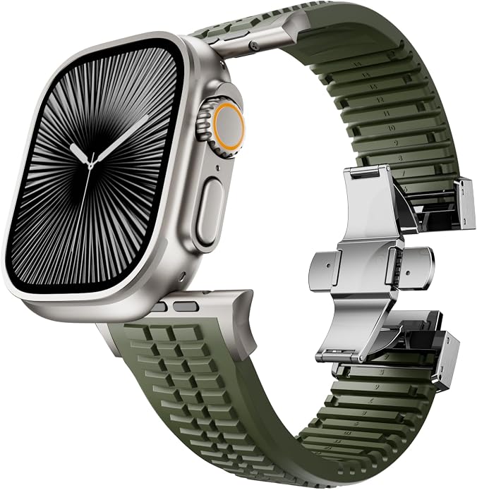 Silicone Watch Band Compatible with iWatch Ultra 2 / Ultra/Series 10 9 8 7 (44mm 45mm 46mm 49mm), Sport bands with Folding buckle, Rugged Heavy Duty Modern Design for Men