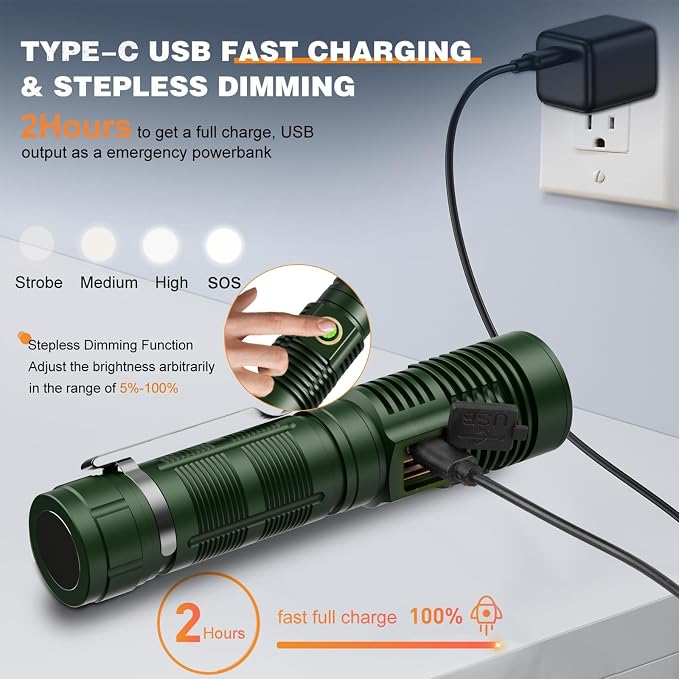 Small Tactical Flashlights High Lumens - 1500 Meters Long Beam Super Bright LED Magnetic Flashlight USB Rechargeable Zoomable 5Modes Long Beam Spotlight Flashlight for Hiking, Camping-dark Green