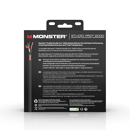 Monster Prolink Studio Pro 2000 Instrument Cable, 8 in Straight to Straight Guitar Cable Cord, 95% Copper Braided Shielding, Duraflex Jacket, 24k Gold Contact TS Connectors