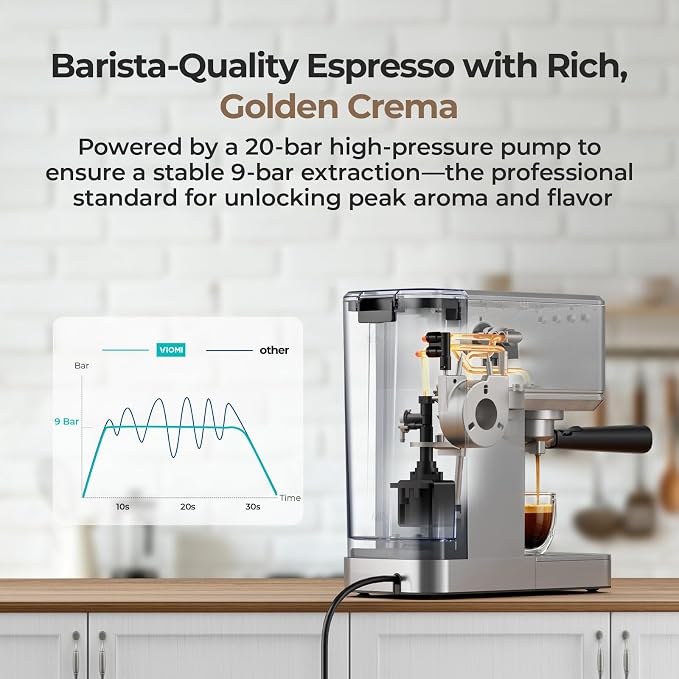 VIOMI T1A Espresso Machine 20 Bar, Compact Espresso Maker with Milk Frother, Coffee Machine with 37oz Removable Water Tank, Cold Brew Machines for Home Barista, Latte, Cappuccino Machine, Silver